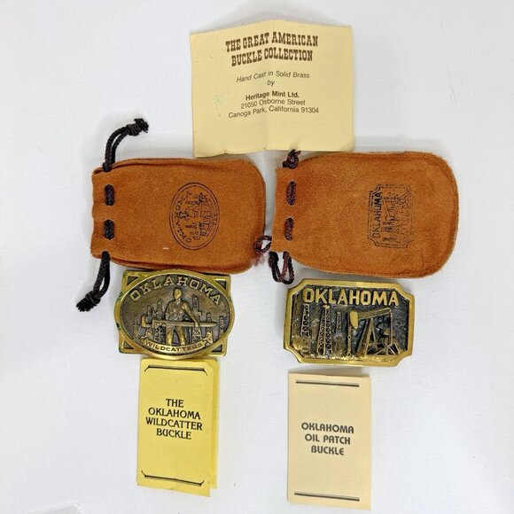 Heritage Mint Oklahoma Oil Patch & Wildcatters Brass Belt Buckles Set w/ Bags & - Picture 4 of 9